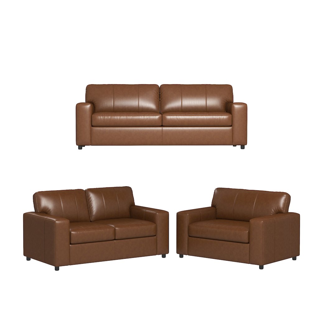 Sakan Leather 3-Pc Living Room Set, Sofa Loveseat and Chair, Caramel. Picture 1