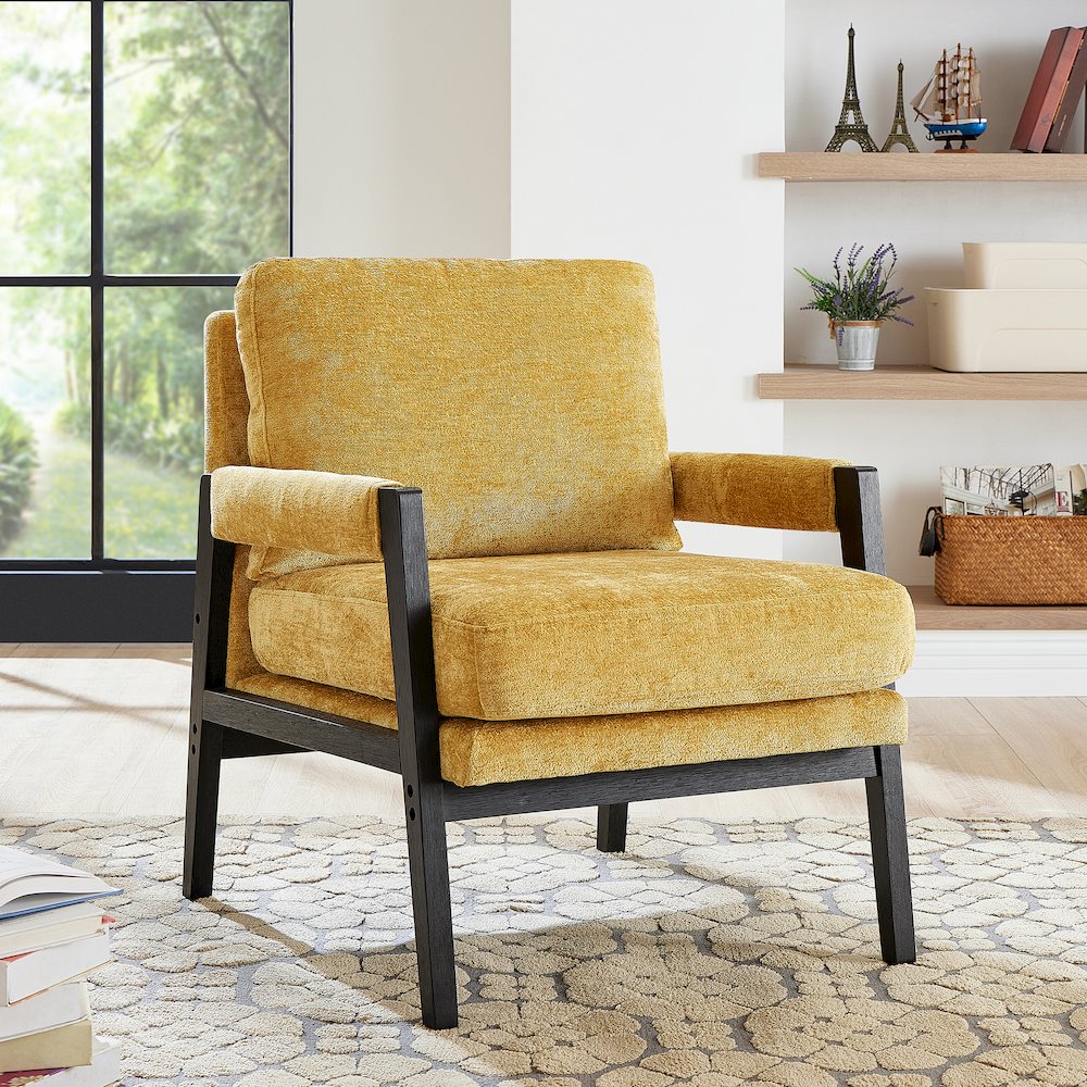 Kelly Mid-Century Modern Chenille Upholstered Accent Armchair, Yellow. Picture 2