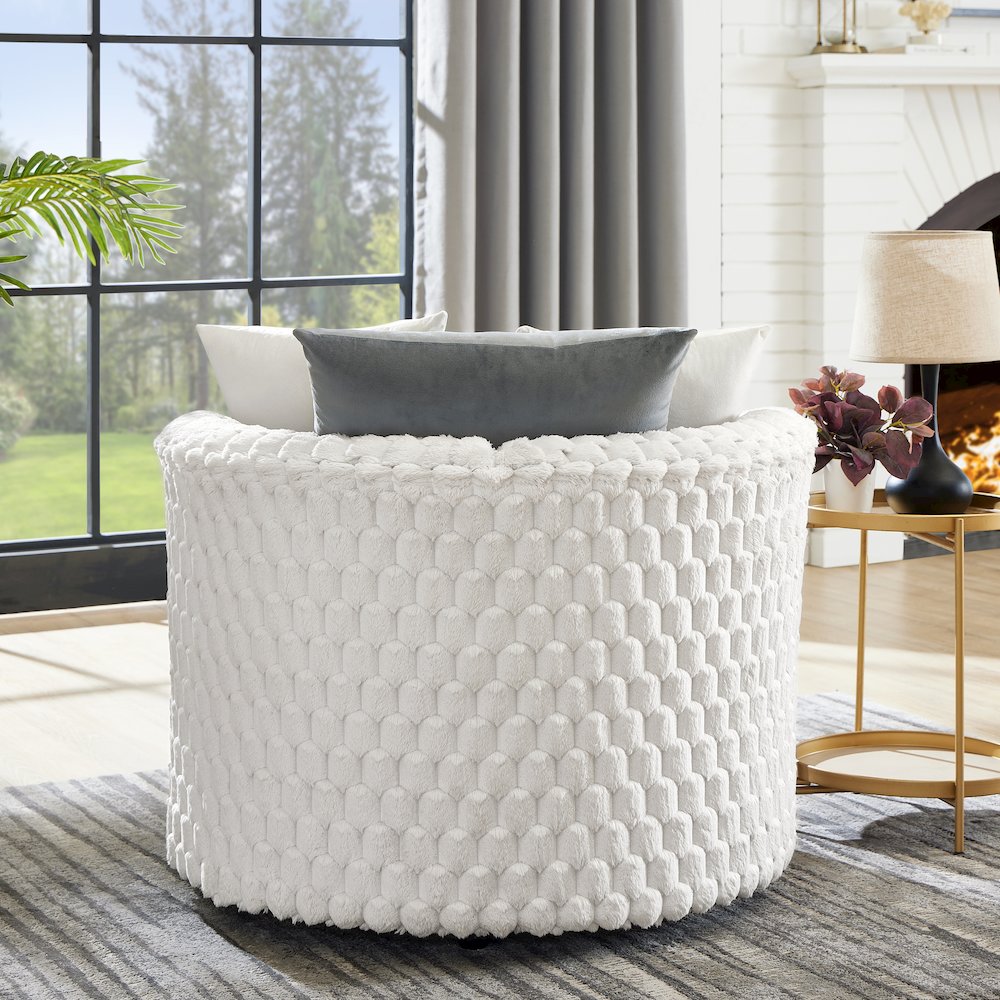Malna Plush 3D Upholstered Barrel Accent Chair with Wheels, Off-white. Picture 5
