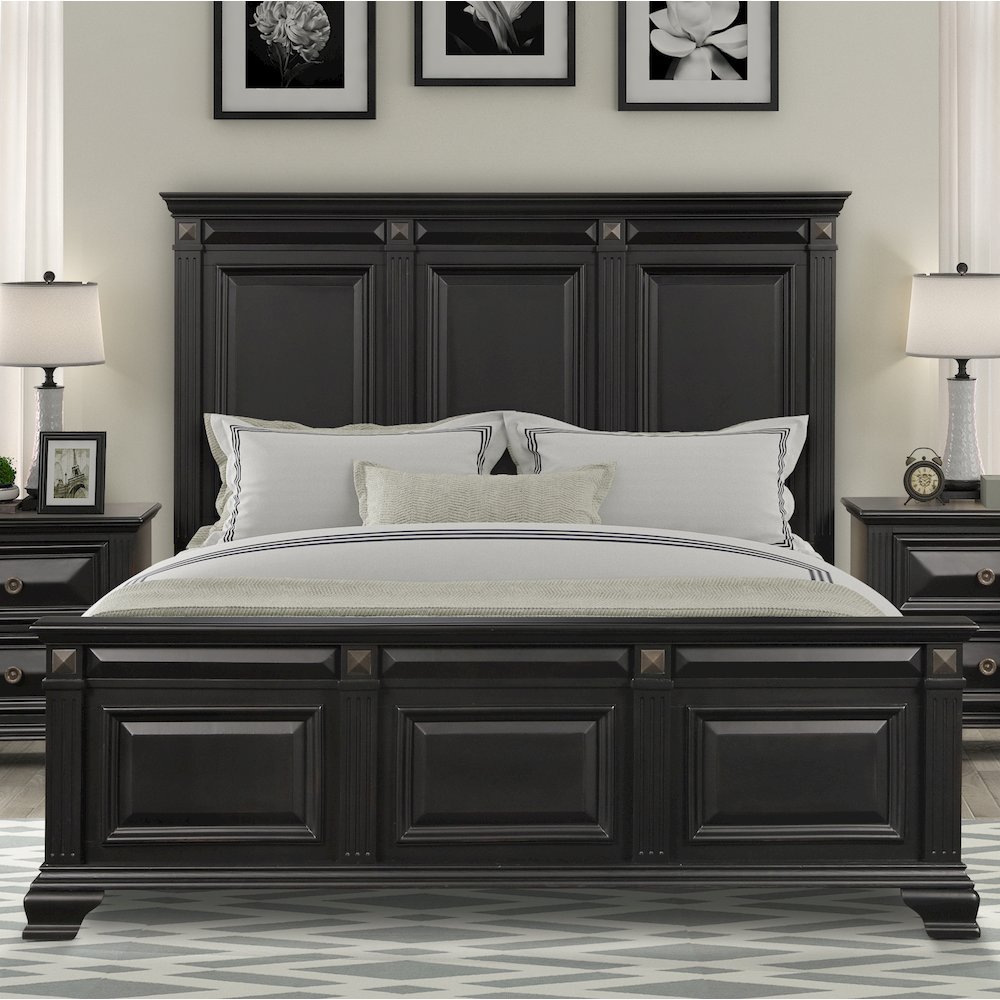 Vintage Black Wood Bedroom Set, King Panel Bed, Dresser, Mirror, 2 Nightstands. Picture 14