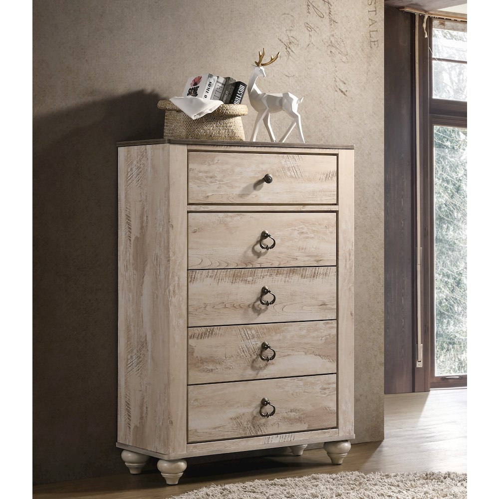 Imerland Contemporary White Wash Finish Patched Wood Top 5-drawer Chest. Picture 2