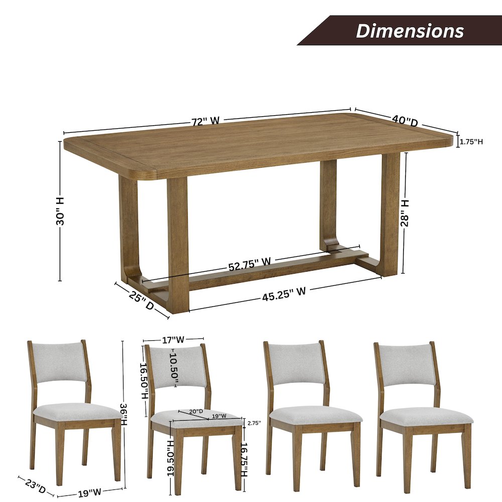 Parker 5-Piece Dining Set, Trestle Dining Table with 4 Stylish Chairs, Light Oak. Picture 15