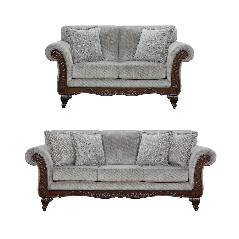 Hernen Carved Wood Frame Gray Sofa and Loveseat Set. Picture 1