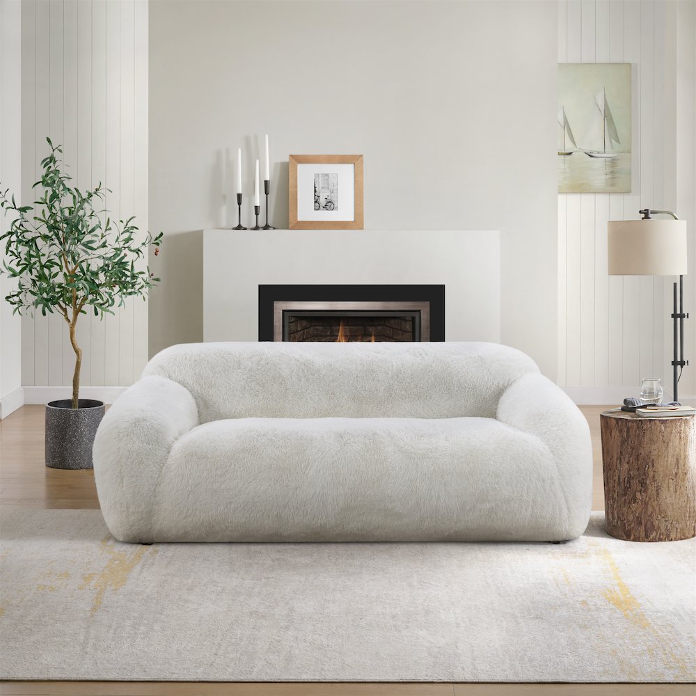 Adell Polar Bear Faux Fur Upholstered Sofa, Ivory White. Picture 2