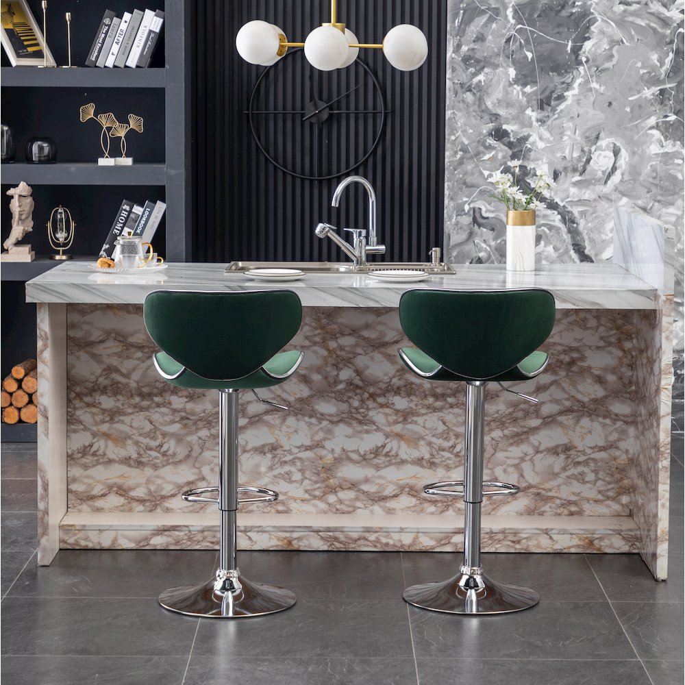 Masaccio Velvet Upholstered Adjustable Swivel Barstool, Set of 2, Green. Picture 6