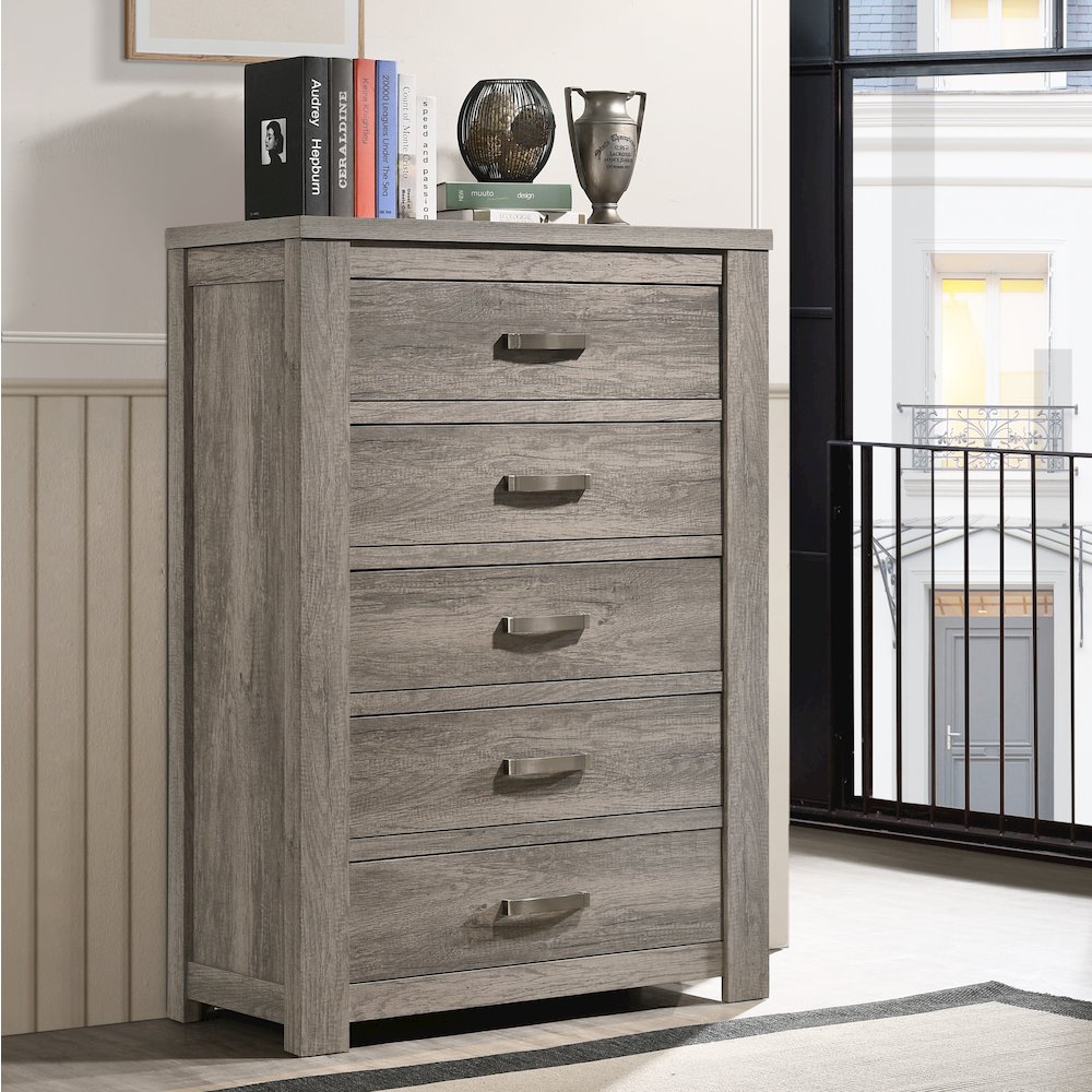 Floren Contemporary Weathered Gray Wood 5-Drawer Chest. Picture 2