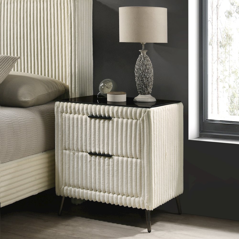 Mavela Wide Wale Corduroy Upholstery Nightstand, Cream. Picture 2