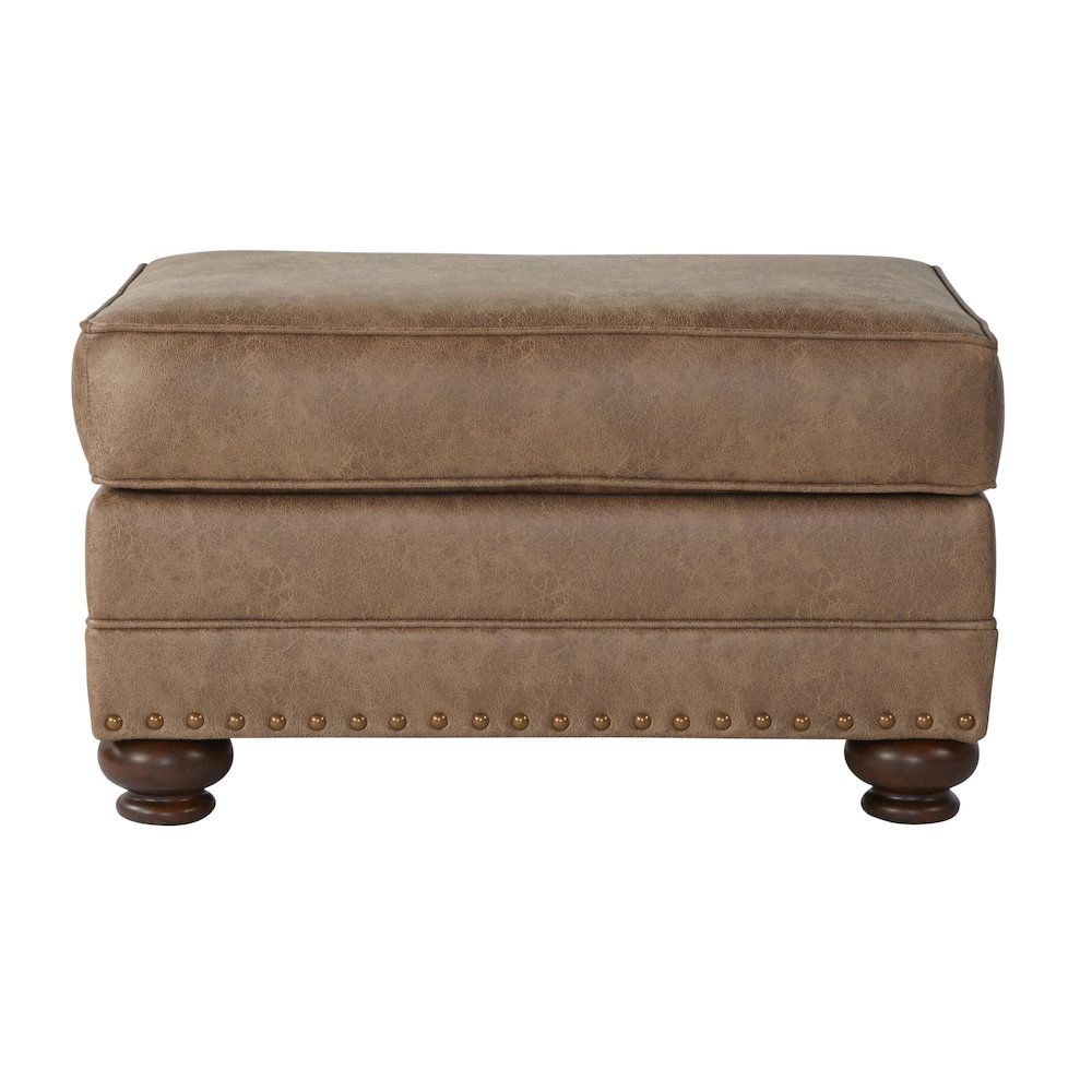 Leinster Faux Leather Ottoman with Antique Bronze Nailheads in Jetson Ginger. Picture 1