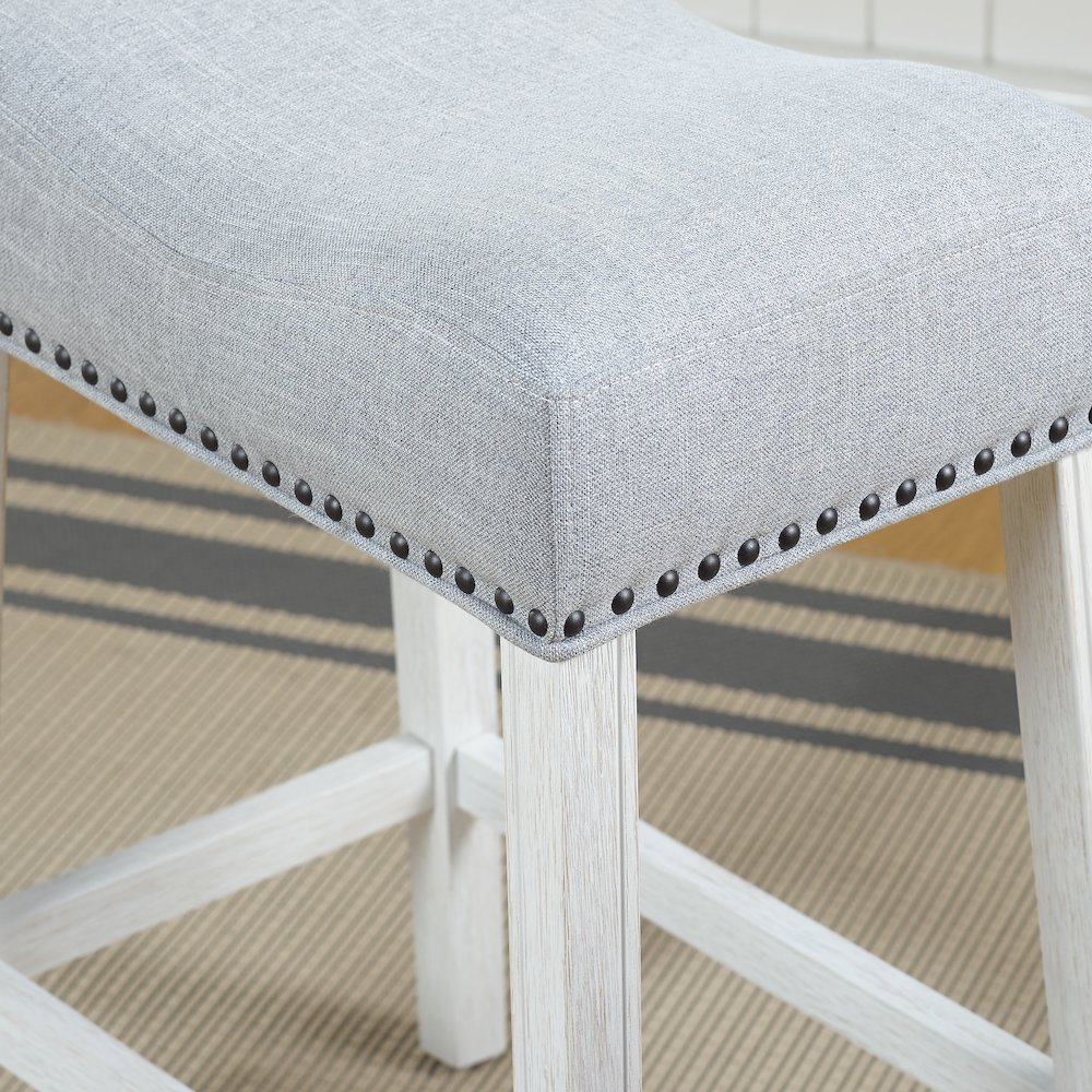 CoCo Counter Height Saddle Seat Stools, White-Washed Finish, Gray, Set of 2. Picture 4