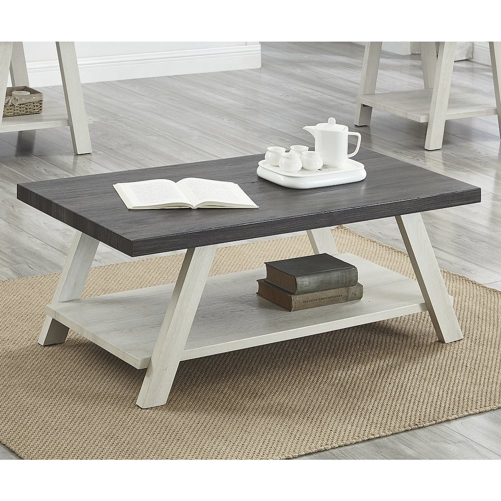 Athens Contemporary Two-Tone Wood Shelf Coffee Table in Weathered Charcoal/Beige. Picture 3