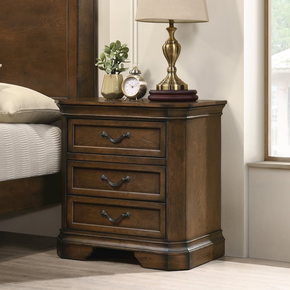 Maderne Traditional Wood 3-Drawer Nightstand, Antique Walnut Finish. Picture 2