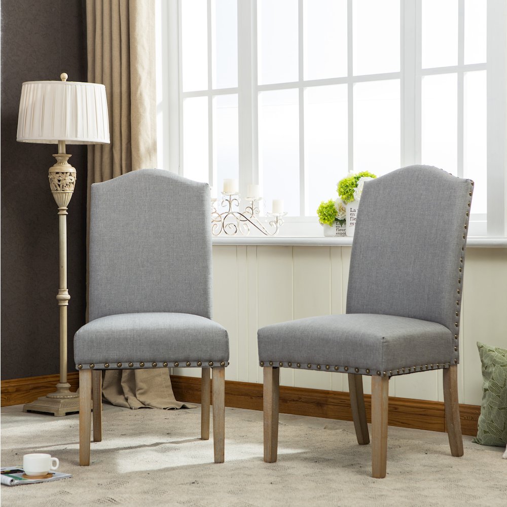Mod Urban Style Solid Wood Nailhead Gray Fabric Padded Parson Chair, Set of 2. Picture 3