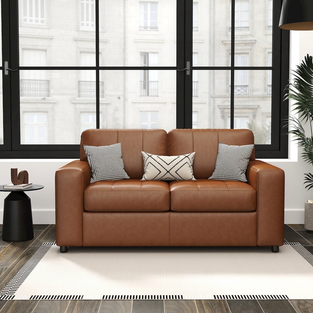 Sakan Leather Upholstered Loveseat, Caramel. Picture 3