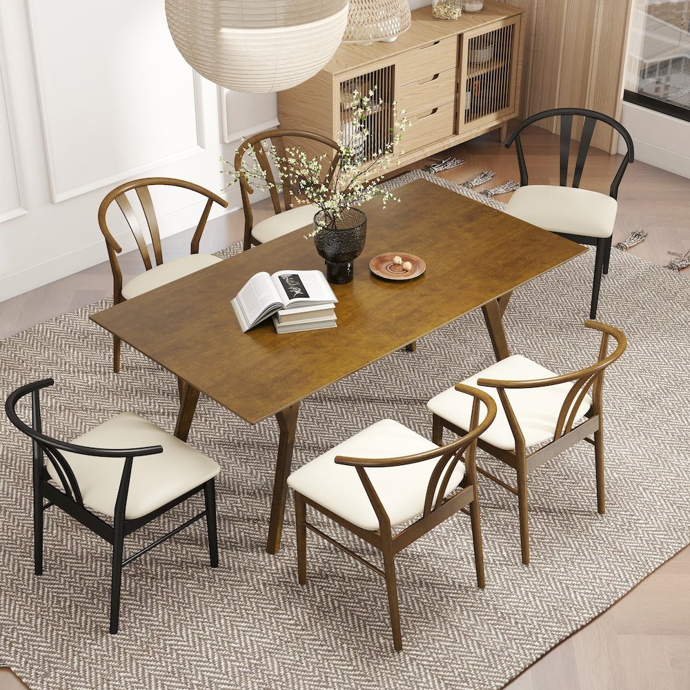 7-Piece Dining Set, Wood Dining Table with 4 Walnut and 2 Black Wishbone Chairs. Picture 6