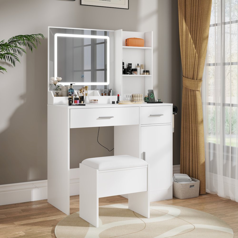 Makeup Vanity Set, Vanity Desk with Stool, LED Light Mirror, White. Picture 3