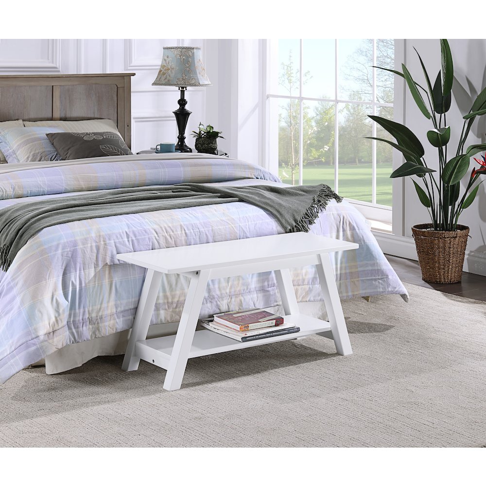 Elyz Solid Wood Bench with Shelf, 36 Inch Long, White. Picture 3
