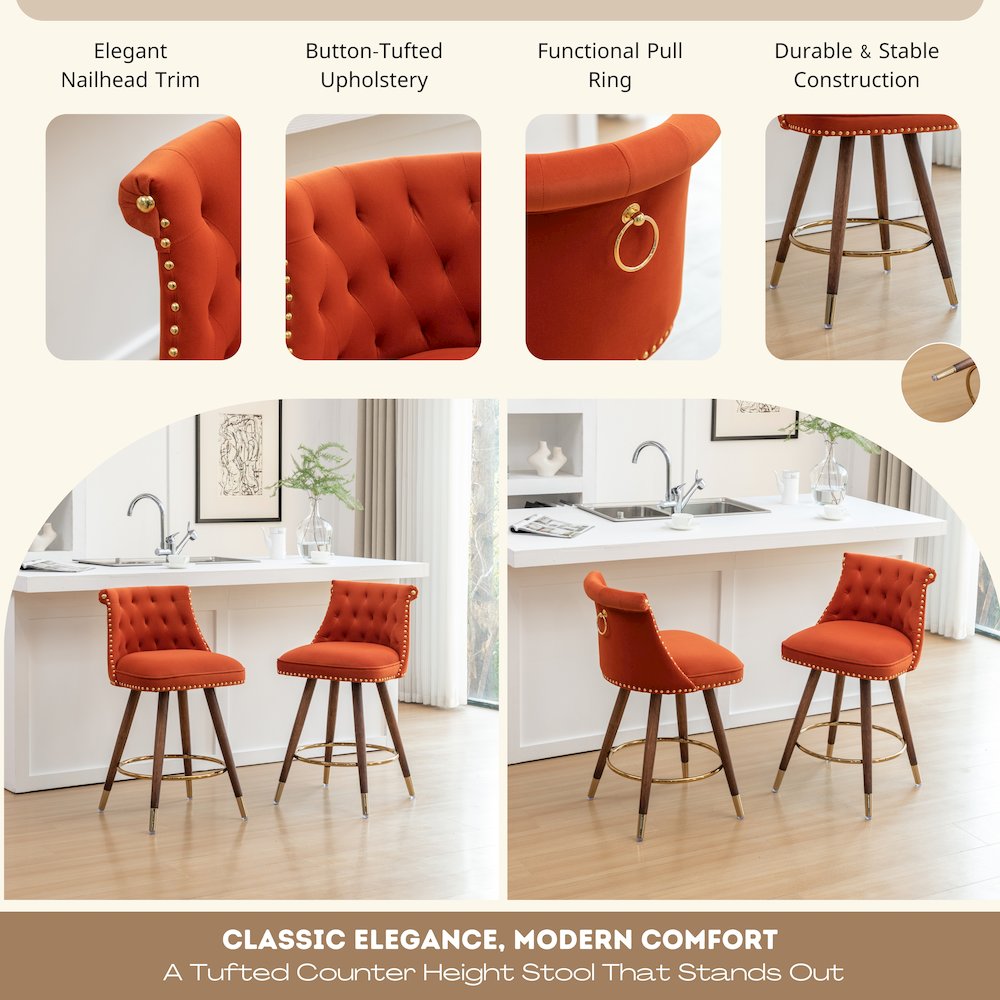 Elvara Set of 2 Button-Tufted Counter Stools with Nailhead Trim - Orange. Picture 6