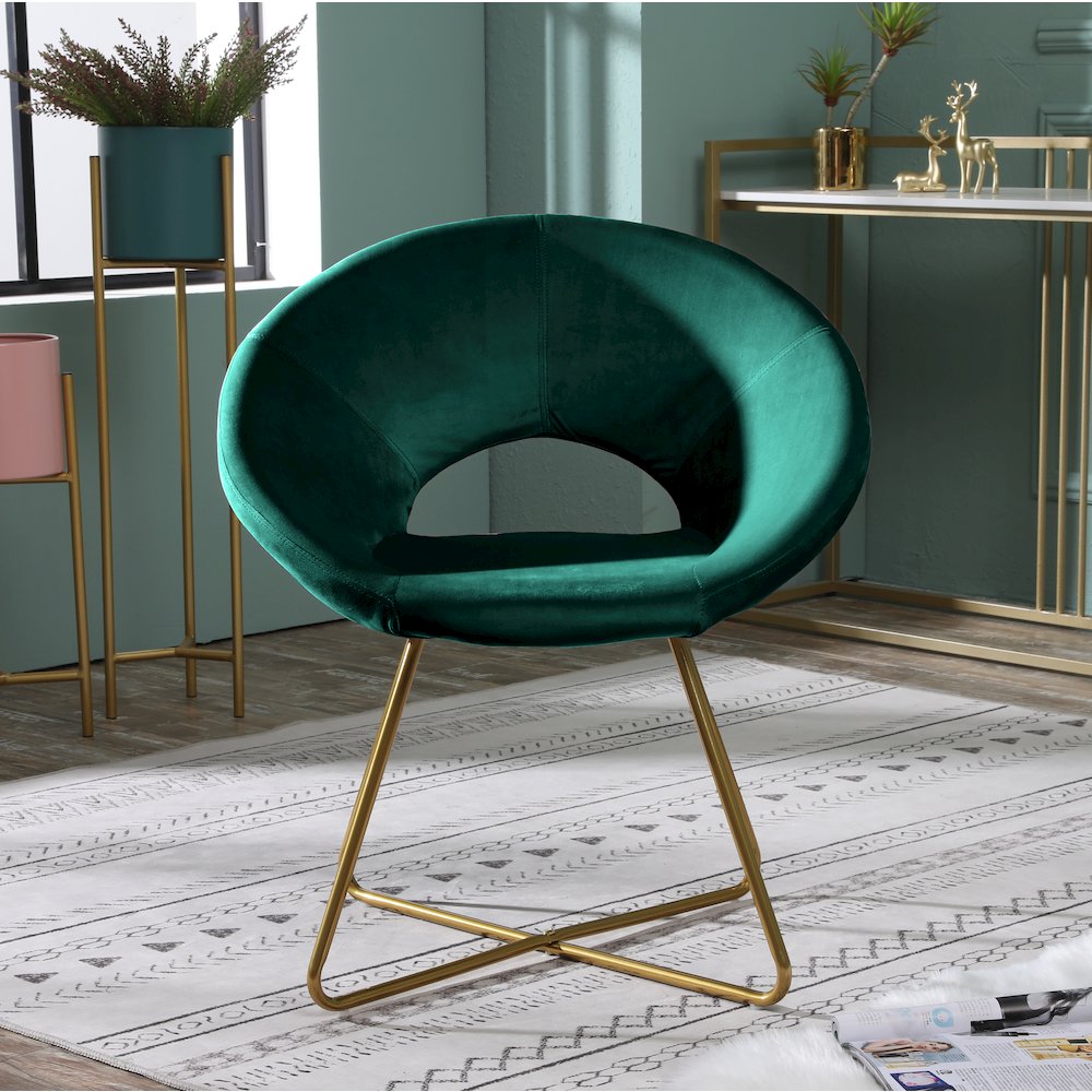 Slatina Green Silky Velvet Upholstered Accent Chair with Gold Tone Finished Base. Picture 4