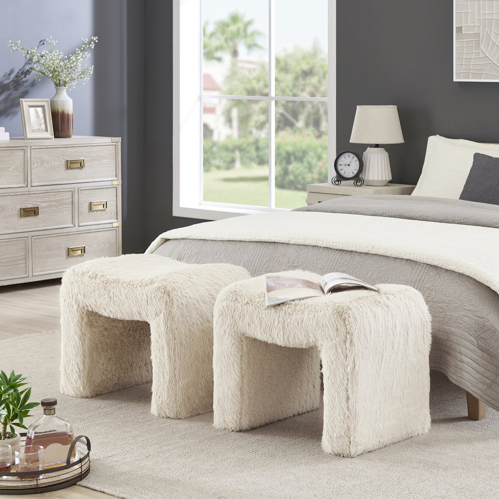 Zorya Contemporary Faux Fur U-Shaped Ottoman, Set of 2. Picture 4