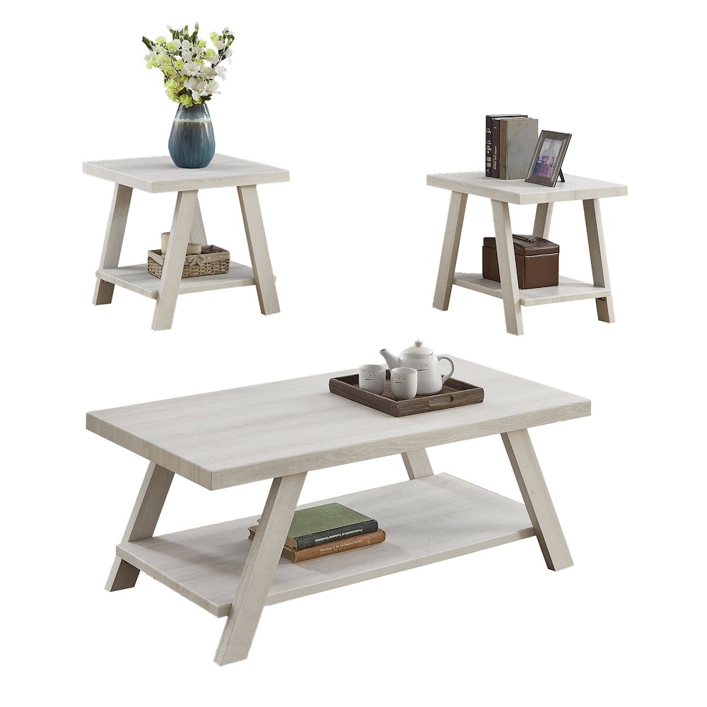 Athens Contemporary Wood Shelf Coffee Table Set in White Finish. Picture 1