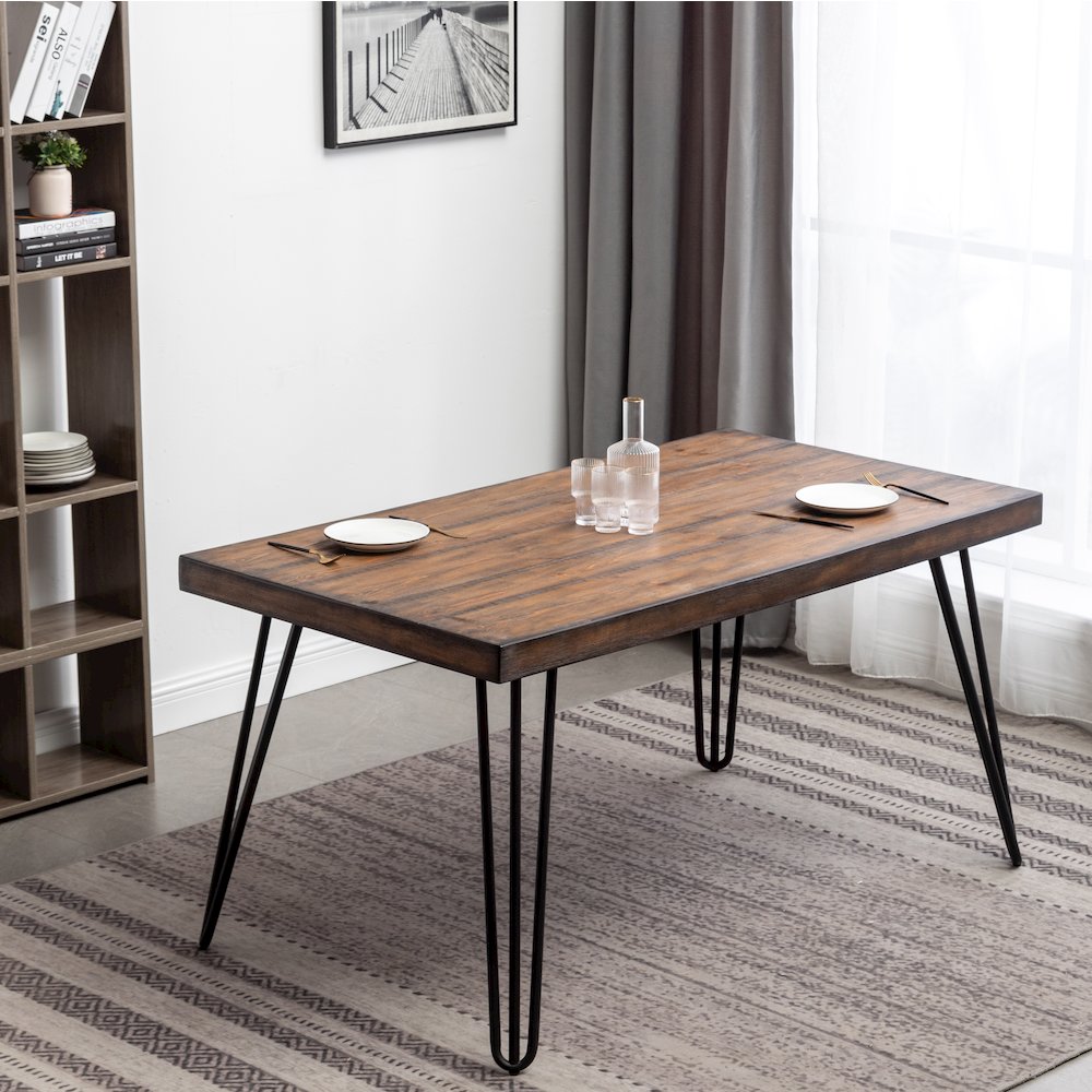 Aryven Industrial Metal Hairpin Design Dining Table, Rustic Dark Pine. Picture 4