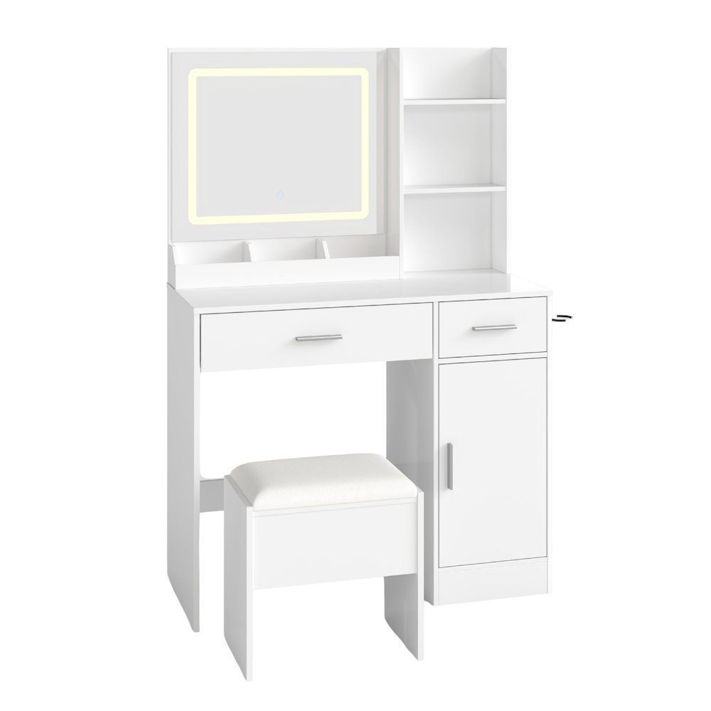 Makeup Vanity Set, Vanity Desk with Stool, LED Light Mirror, White. Picture 1