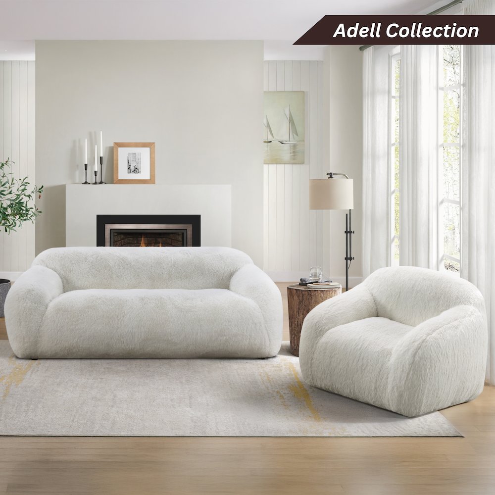 Adell Polar Bear Faux Fur Upholstered Sofa, Ivory White. Picture 6