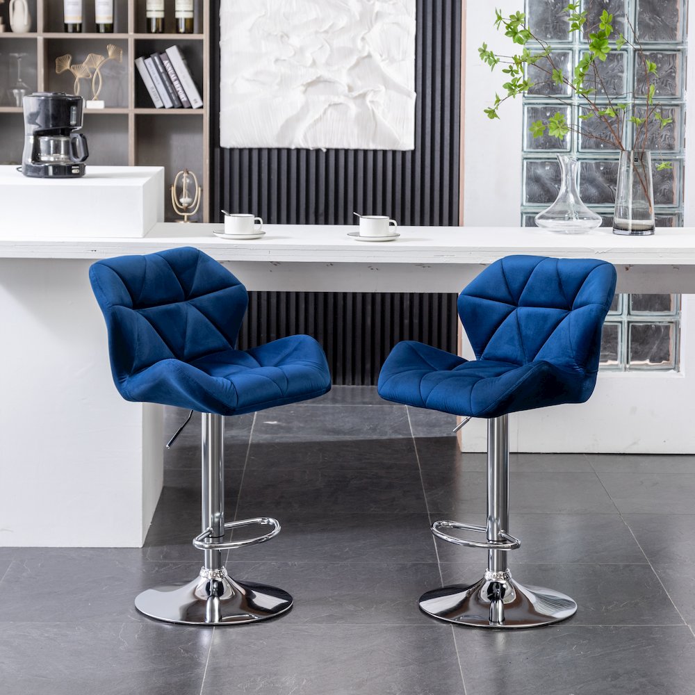 Breni Velvet Diamond Tufted Swivel Adjustable Height Barstool, Set of 2, Blue. Picture 5