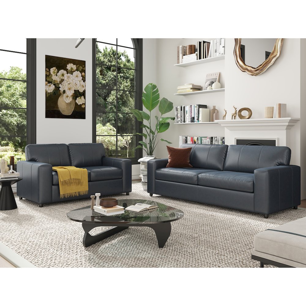 Sakan Leather 3-Pc Living Room Set, Sofa Loveseat and Chair, Blue. Picture 7