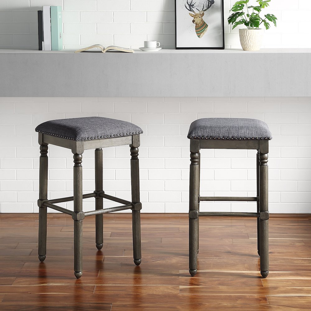 Arnhem Wood Gray Upholstered Swivel Bar Stools, Set of 2. Picture 2