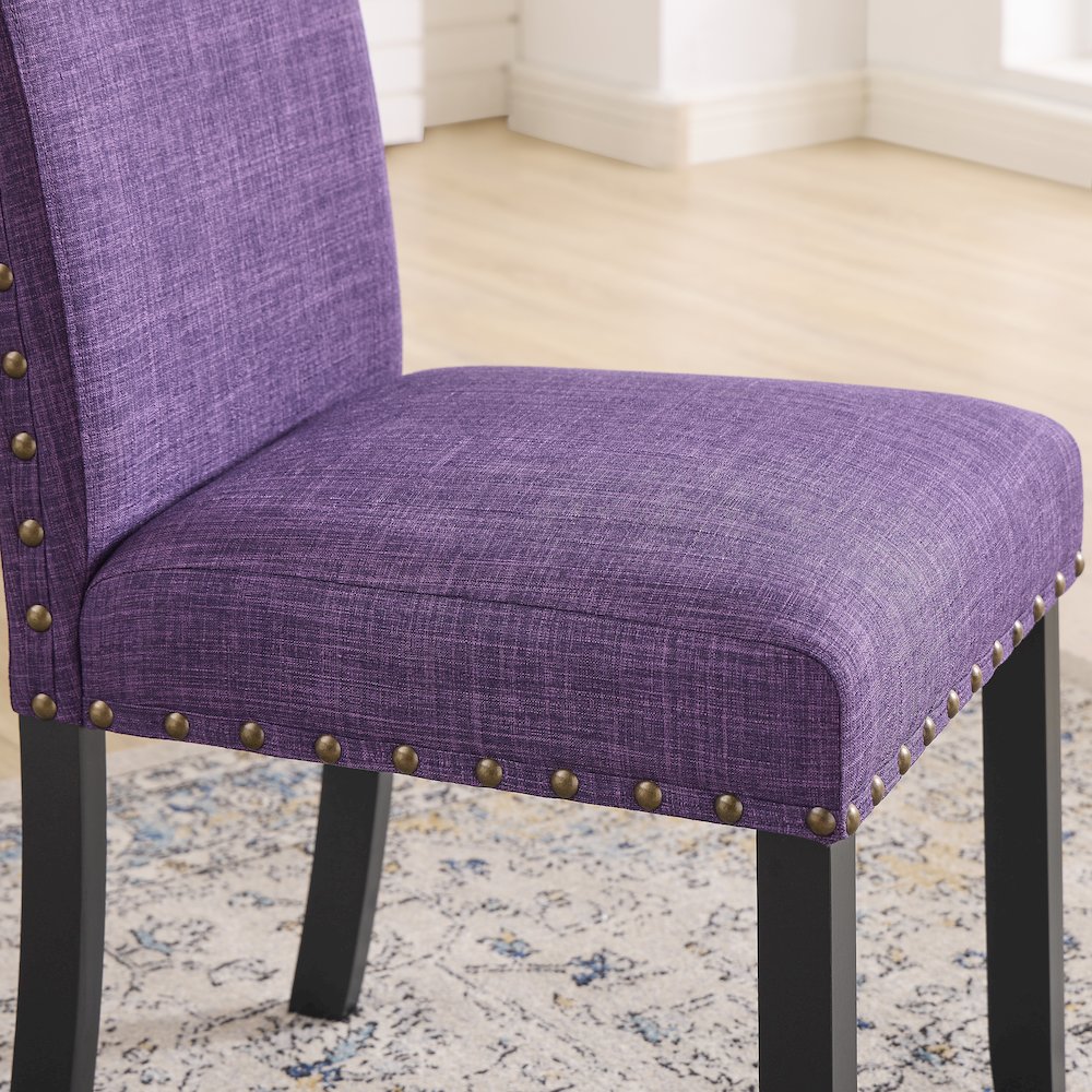 Biony Espresso Wood Dining Set with 4 Fabric Nailhead Chairs, Purple. Picture 8
