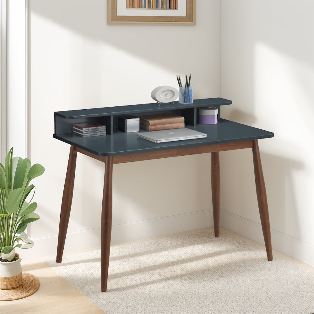 Roskilde Mid-Century Modern Wood Writing Desk with Hutch, Blue. Picture 3