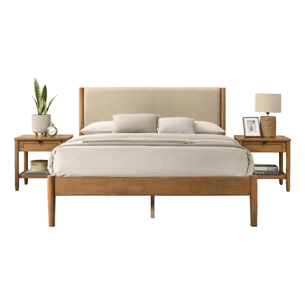 Vichy 3-Pc Rubberwood Bedroom Set, Platform Bed with Two Nightstands, Queen. Picture 1