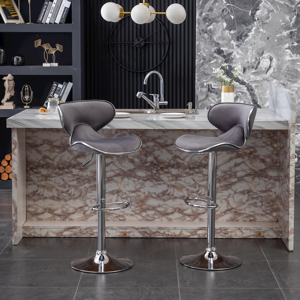 Masaccio Velvet Upholstered Adjustable Swivel Barstool, Set of 2, Gray. Picture 3