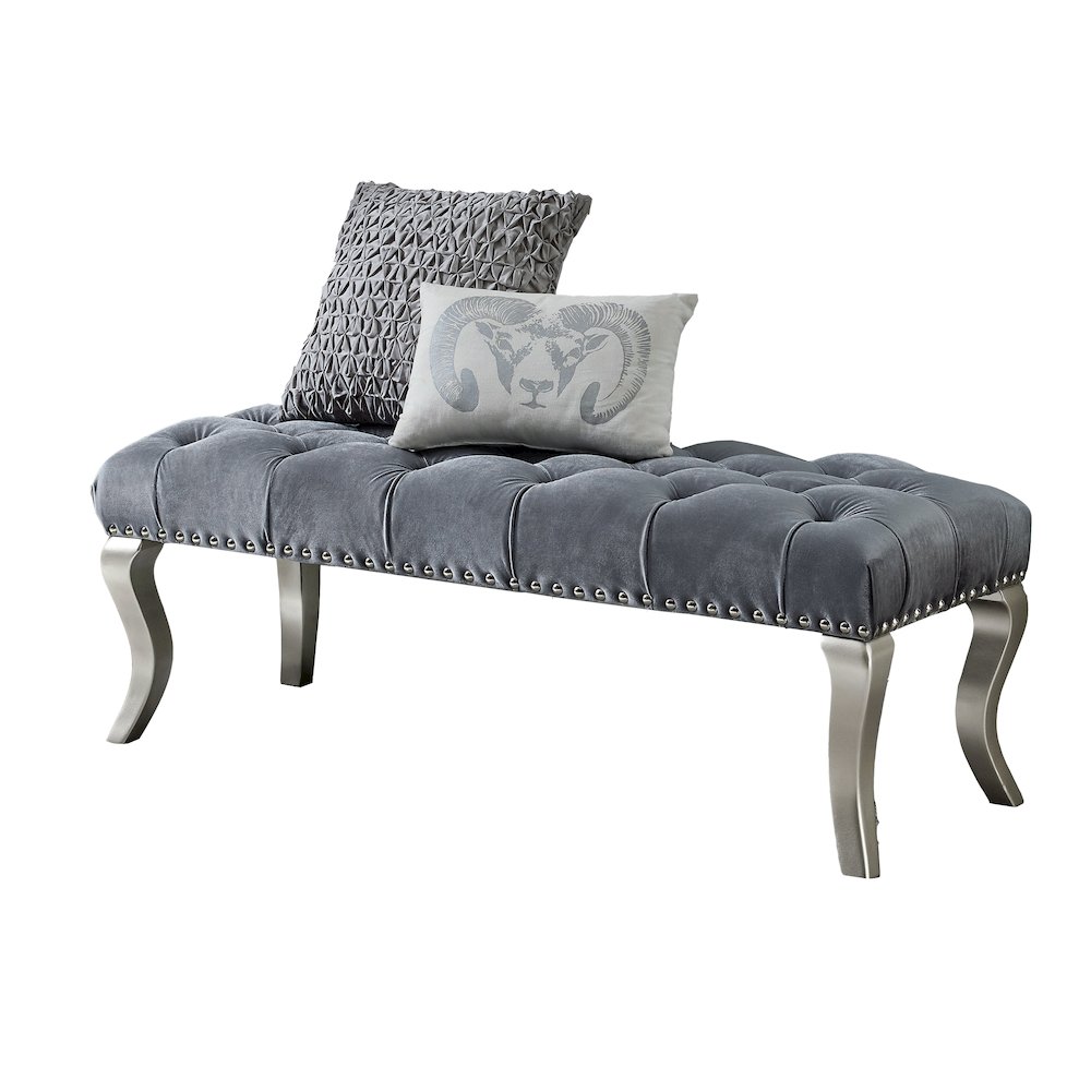 Decor Maxem Tufted Fabric Upholstered Seat with Nailhead Trim Bench, Gray. Picture 1