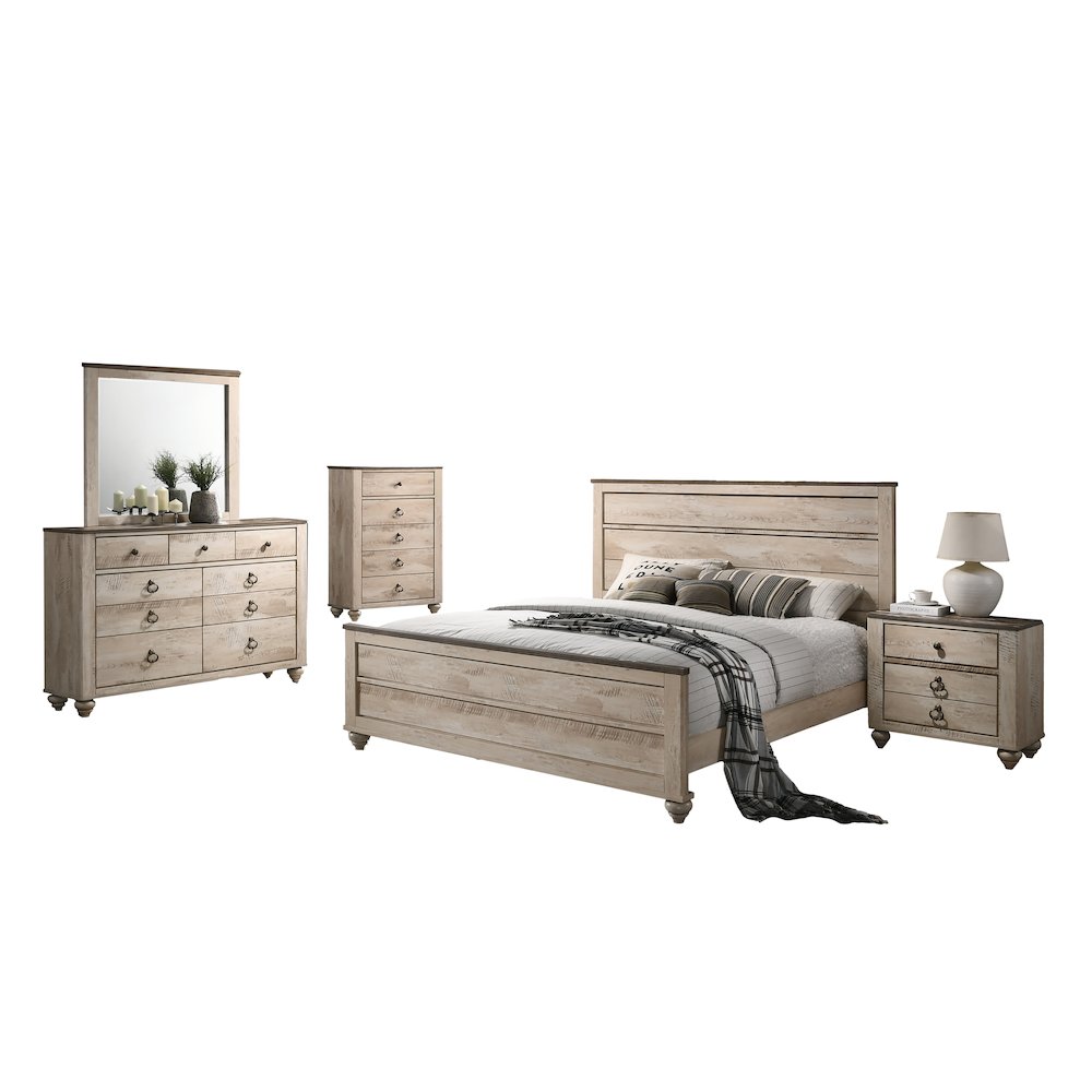 White Wash Finish Bedroom Set, Queen Bed, Dresser, Mirror, Nightstand, Chest. Picture 1