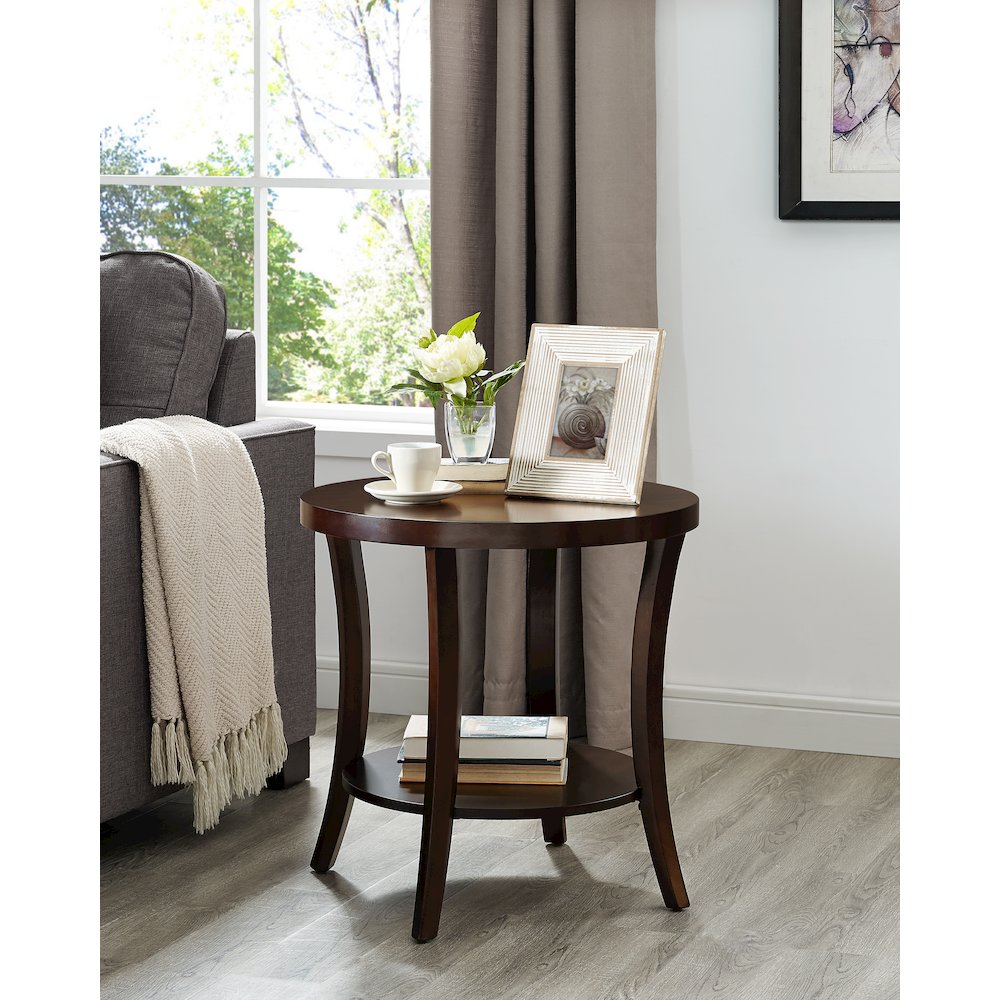 Perth Espresso Round End Table with Shelf. Picture 2