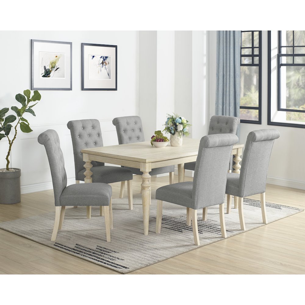 Amonia 7-Pc Dining Set, Turned-Leg Dining Table with 6 Tufted Chairs, Gray. Picture 1