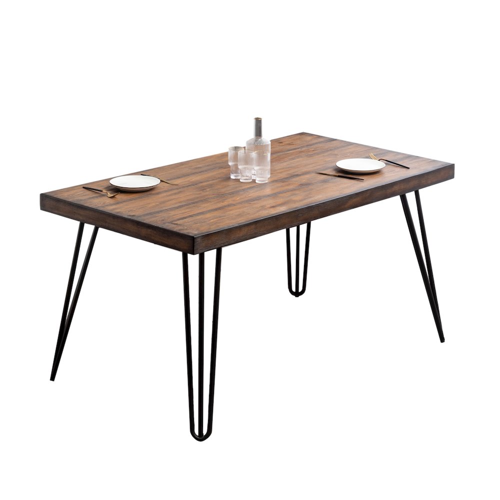Aryven Industrial Metal Hairpin Design Dining Table, Rustic Dark Pine. Picture 1