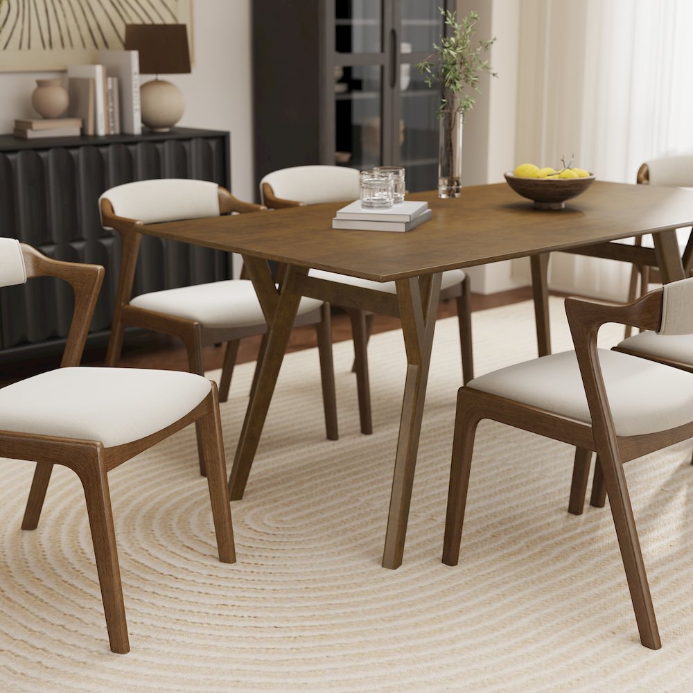 Modern 7-Piece Dining Set, Walnut Finished Dining Table with 6 Brown Chairs. Picture 13