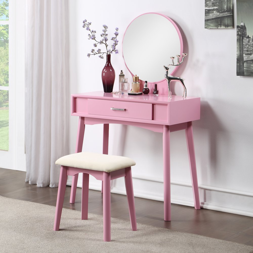 Maly Contemporary Wood Vanity and Stool Set, Pink. Picture 2