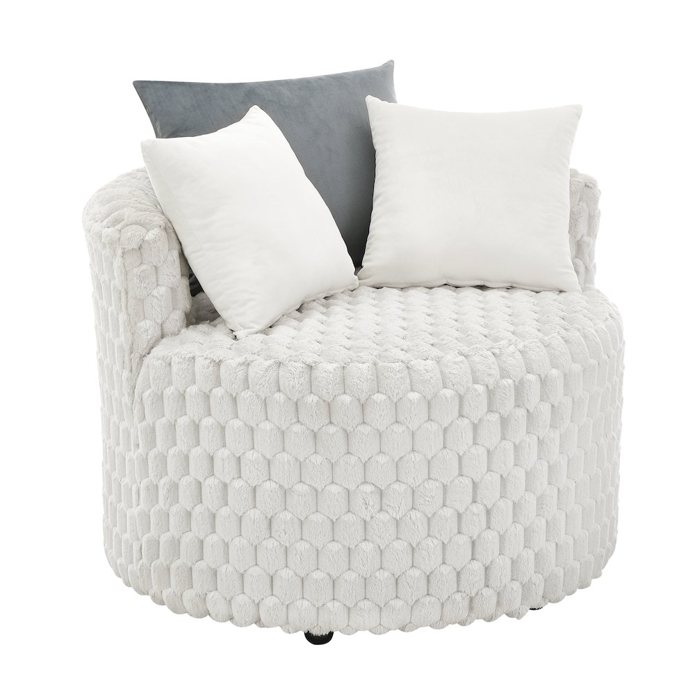 Malna Plush 3D Upholstered Barrel Accent Chair with Wheels, Off-white. Picture 2
