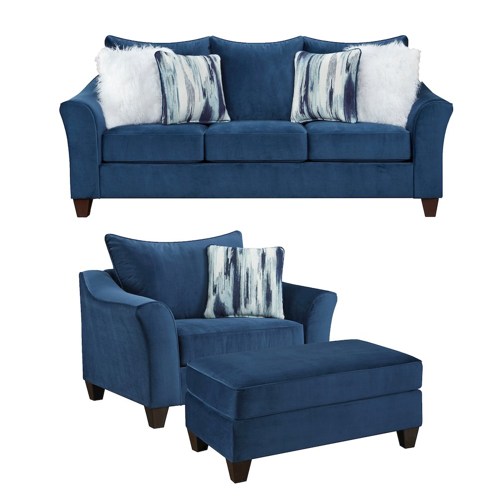 Camero Fabric Pillowback 3-Piece Sofa Set in Navy Blue. Picture 1