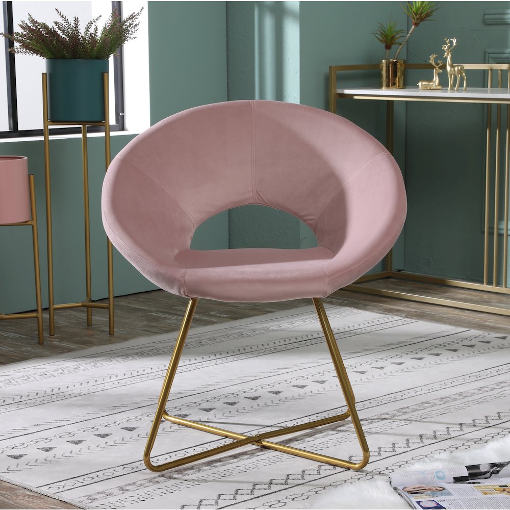 Slatina Pink Silky Velvet Upholstered Accent Chair with Gold Tone Finished Base. Picture 4