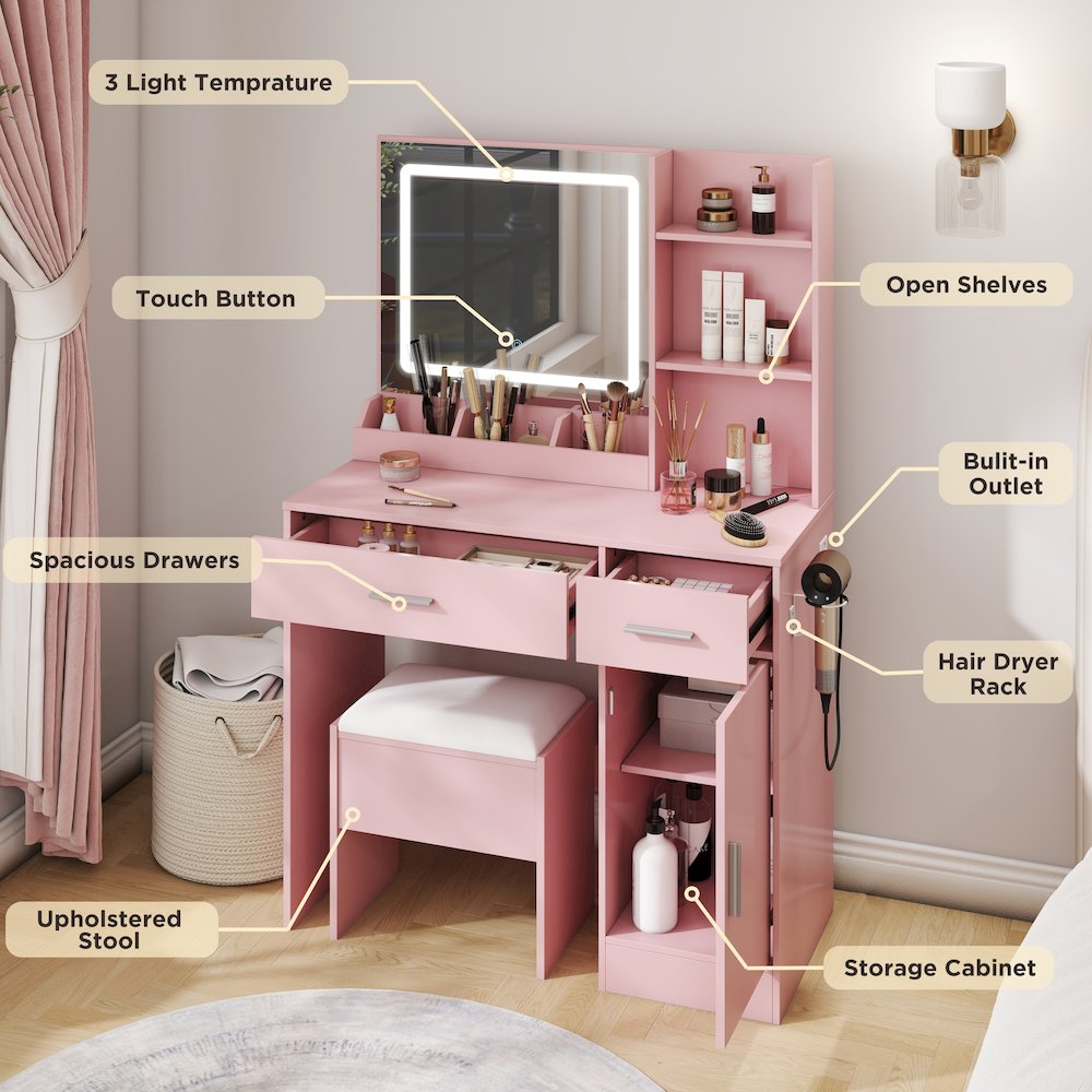Makeup Vanity Set, Vanity Desk, Stool, LED Light Mirror, Pink. Picture 10