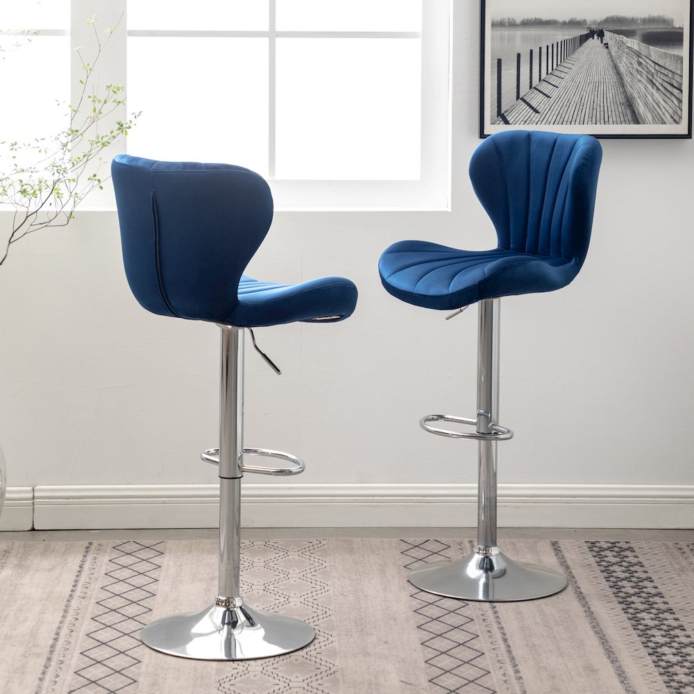 Ellston Upholstered Adjustable Swivel Barstools in Blue, Set of 2. Picture 6