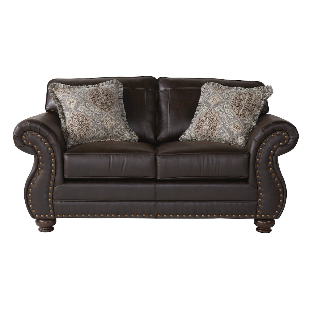 Leinster Faux Leather Upholstered Nailhead Loveseat in Espresso. Picture 1