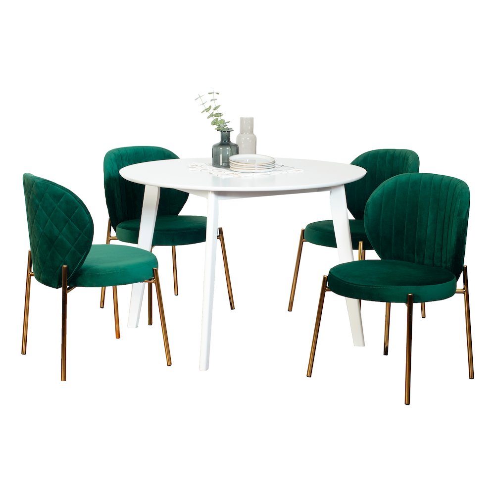 Amoa 5-Pc Dining Set, White Round Dining Table with 4 Chairs, Green. Picture 1