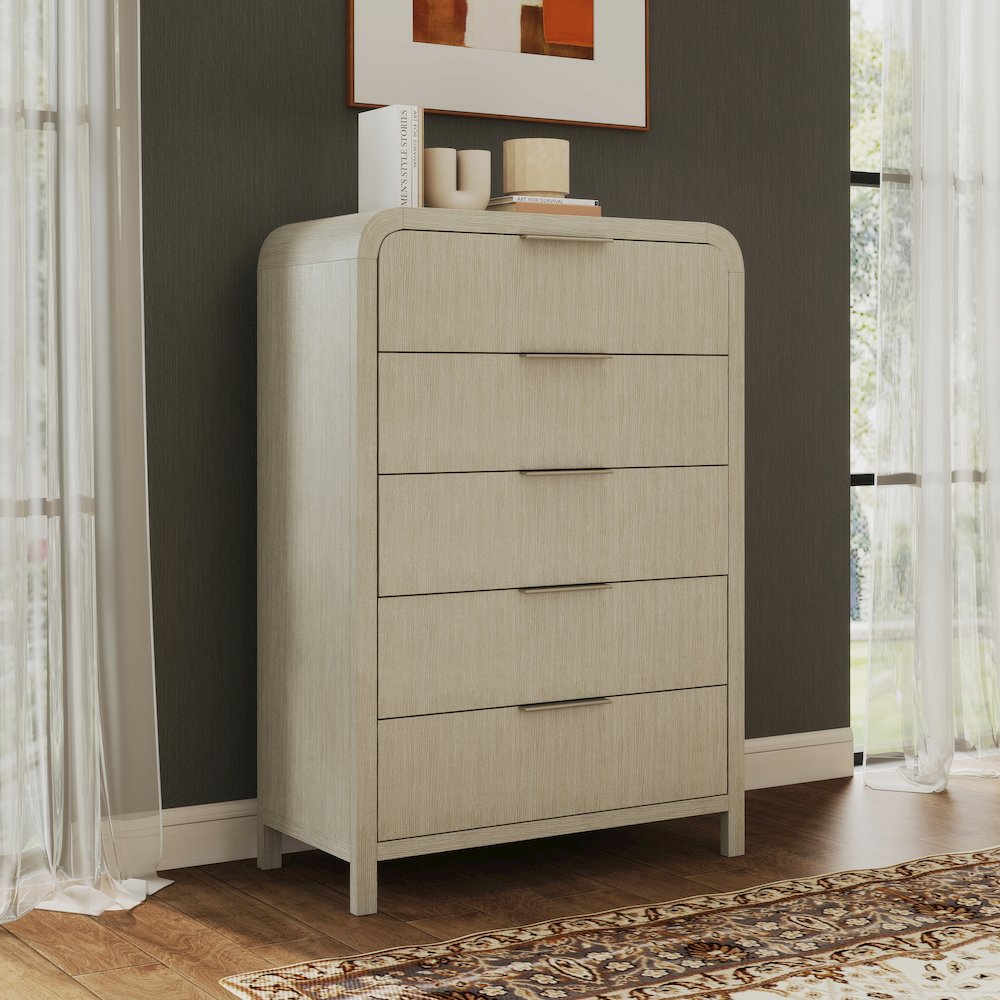 Tavari Contemporary 5-Drawer Wood Chest, Light Gray. Picture 9