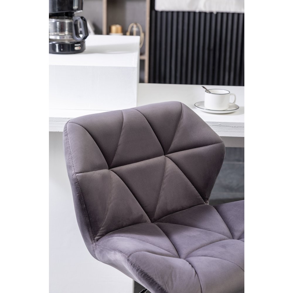Breni Velvet Diamond Tufted Swivel Adjustable Height Barstool, Set of 2, Gray. Picture 7